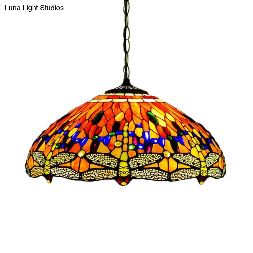 Tiffany Dragonfly Chandelier With 3 Lights: Orange/Blue/Green Cut Glass Hanging Lamp Kit For