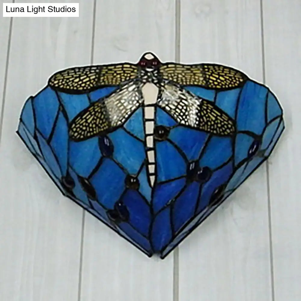 Tiffany Dragonfly Patterned Glass Wall Sconce With Cone Cut Mount