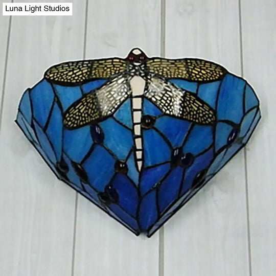 Tiffany Dragonfly Patterned Glass Wall Sconce With Cone Cut Mount
