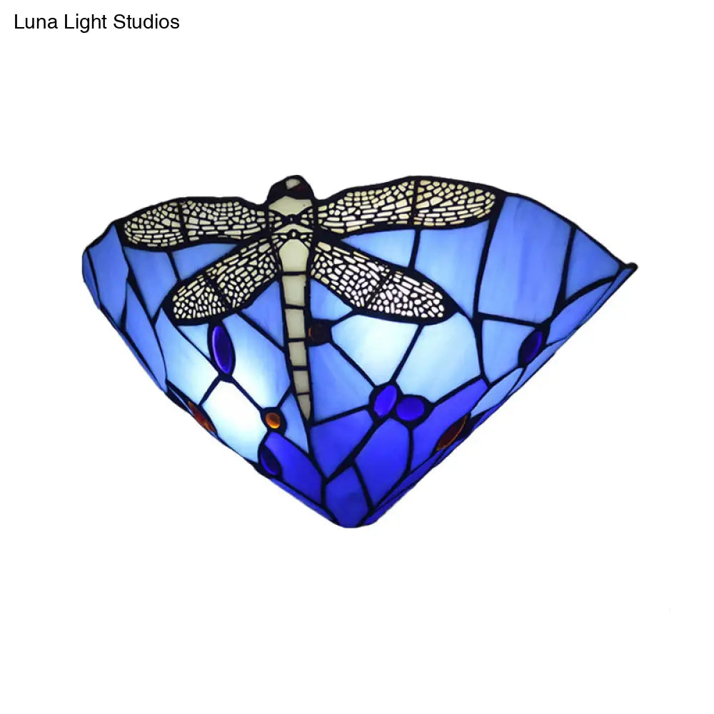 Tiffany Dragonfly Patterned Glass Wall Sconce With Cone Cut Mount