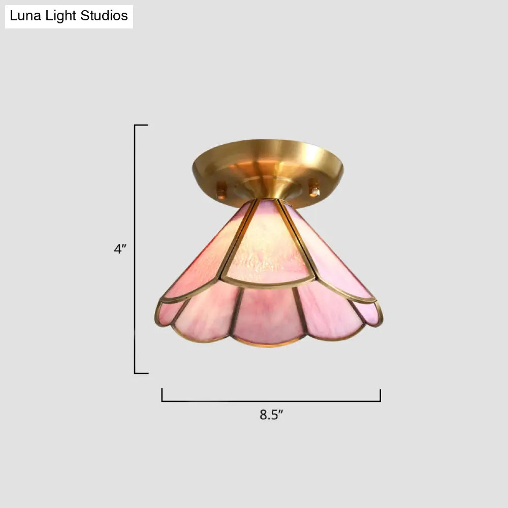 Tiffany Floral Semi Mount 1 - Light Glass Ceiling Flush Light In Brass - Ideal For Hallway Décor