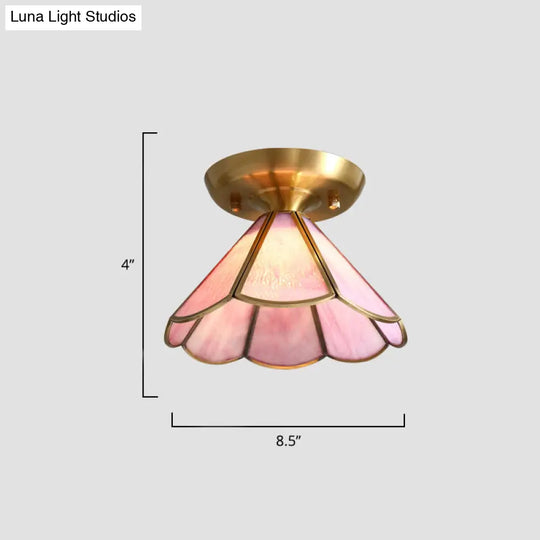 Tiffany Floral Semi Mount 1 - Light Glass Ceiling Flush Light In Brass - Ideal For Hallway Décor
