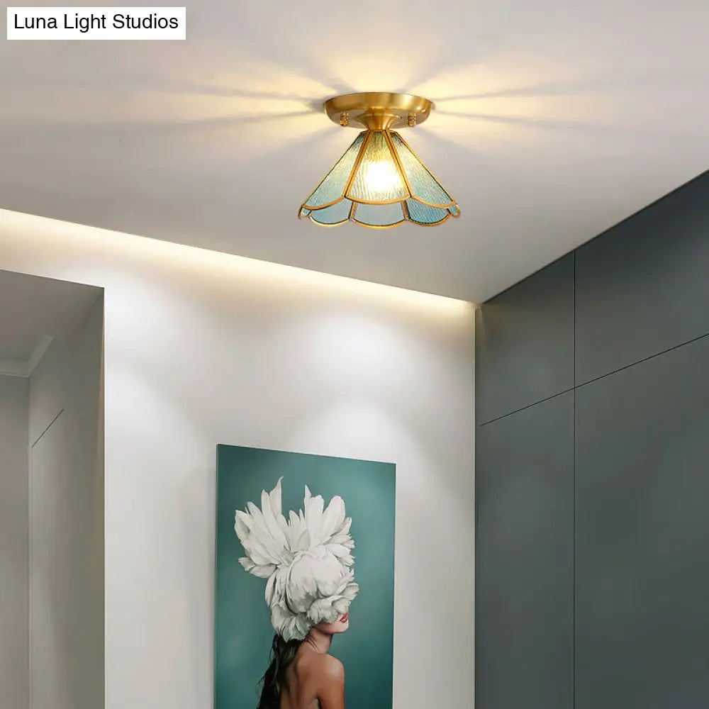 Tiffany Floral Semi Mount 1 - Light Glass Ceiling Flush Light In Brass - Ideal For Hallway Décor