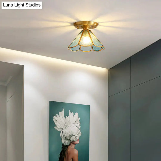 Tiffany Floral Semi Mount 1 - Light Glass Ceiling Flush Light In Brass - Ideal For Hallway Décor