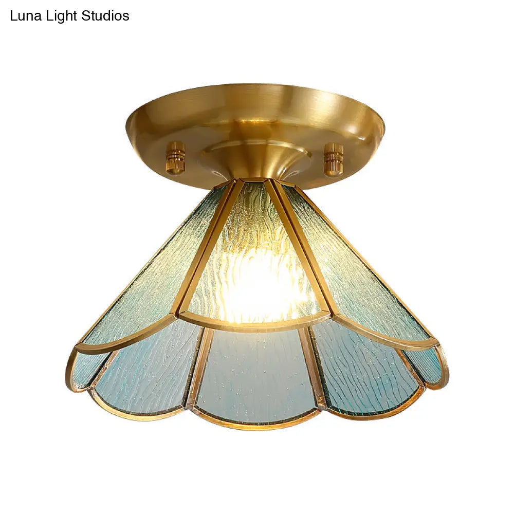 Tiffany Floral Semi Mount 1 - Light Glass Ceiling Flush Light In Brass - Ideal For Hallway Décor