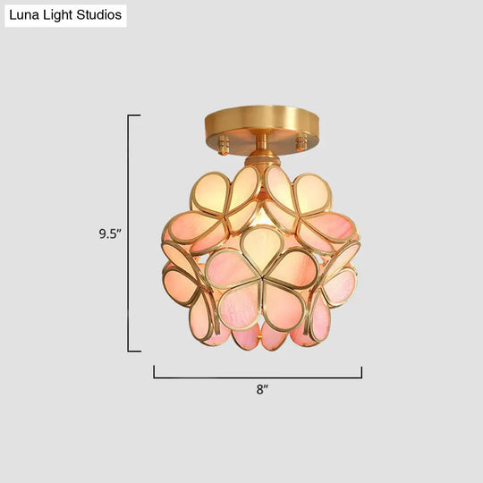 Tiffany Floral Semi-Mount 1-Light Ceiling Flush Light In Brass Perfect For Hallway Décor