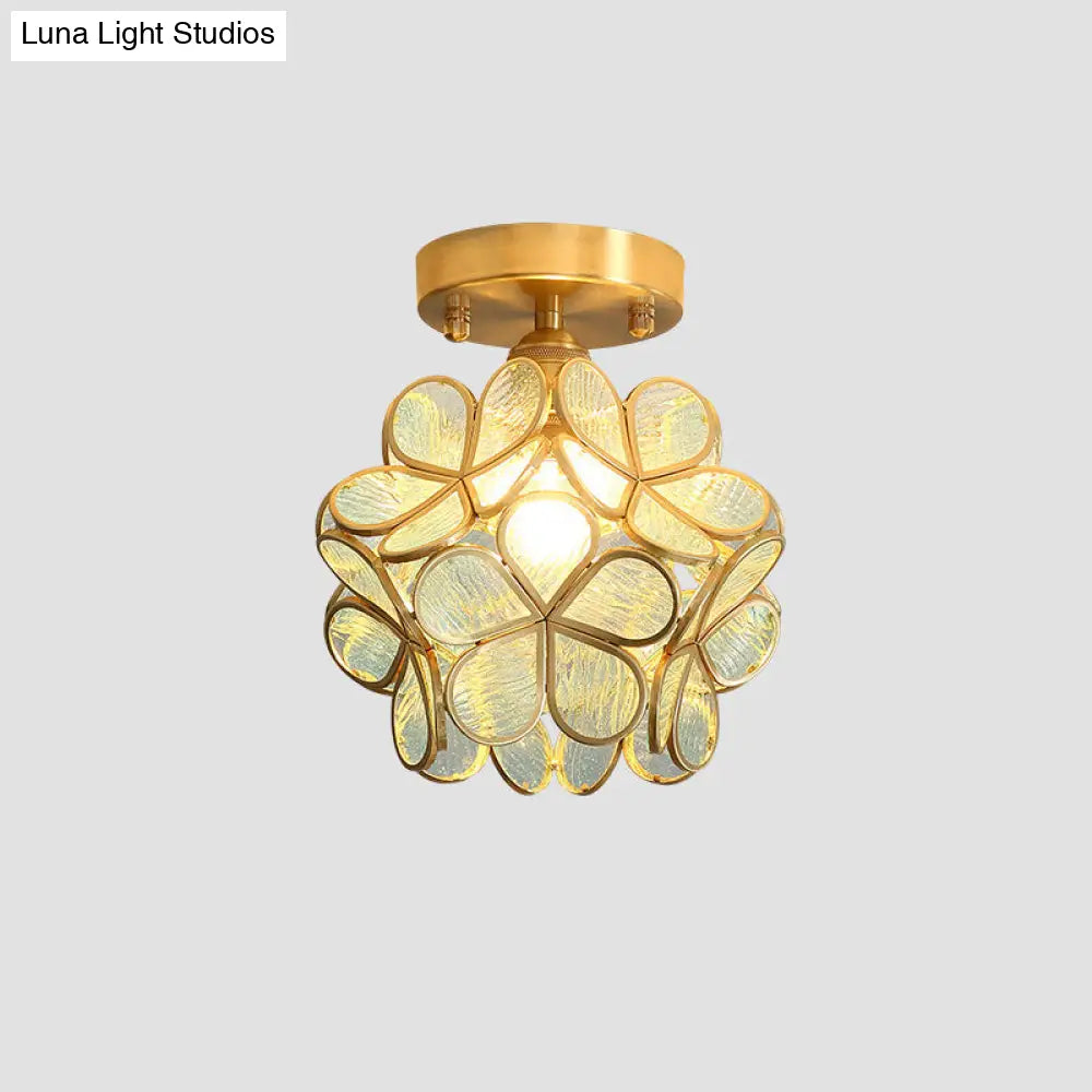 Tiffany Floral Semi-Mount 1-Light Ceiling Flush Light In Brass Perfect For Hallway Décor Blue
