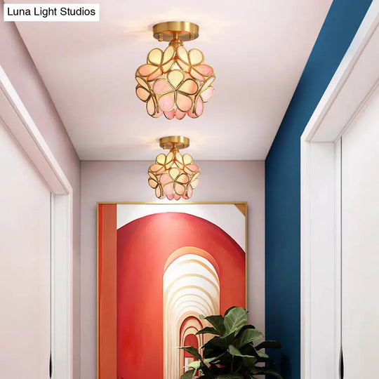 Tiffany Floral Semi-Mount 1-Light Ceiling Flush Light In Brass Perfect For Hallway Décor