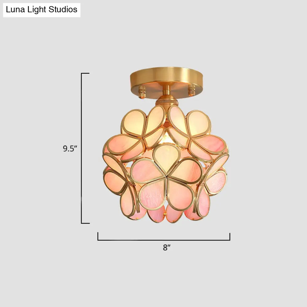 Tiffany Floral Semi Mount 1 - Light Glass Ceiling Flush Light In Brass - Ideal For Hallway Décor