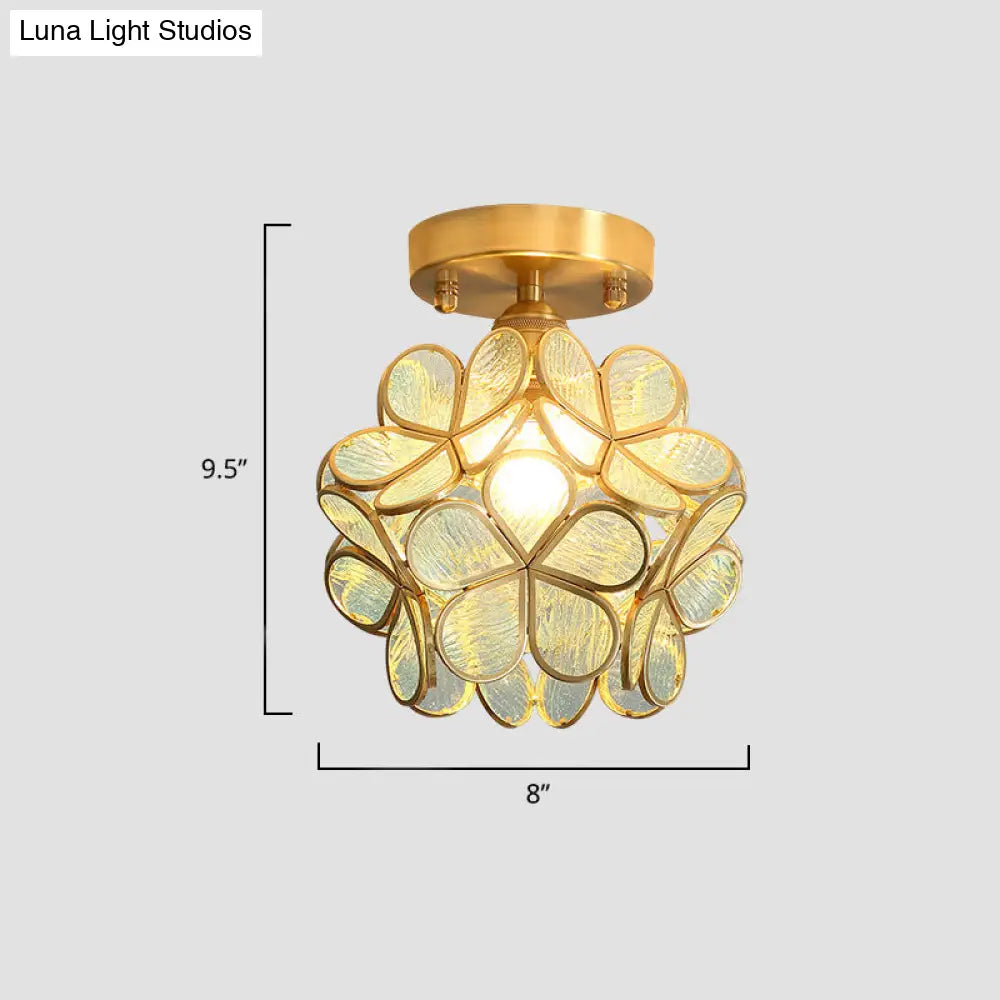 Tiffany Floral Semi Mount 1 - Light Glass Ceiling Flush Light In Brass - Ideal For Hallway Décor
