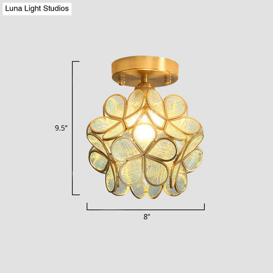 Tiffany Floral Semi Mount 1 - Light Glass Ceiling Flush Light In Brass - Ideal For Hallway Décor