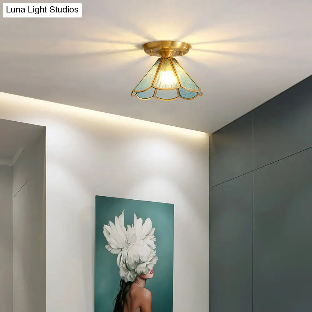 Tiffany Floral Semi-Mount 1-Light Ceiling Flush Light In Brass Perfect For Hallway Décor