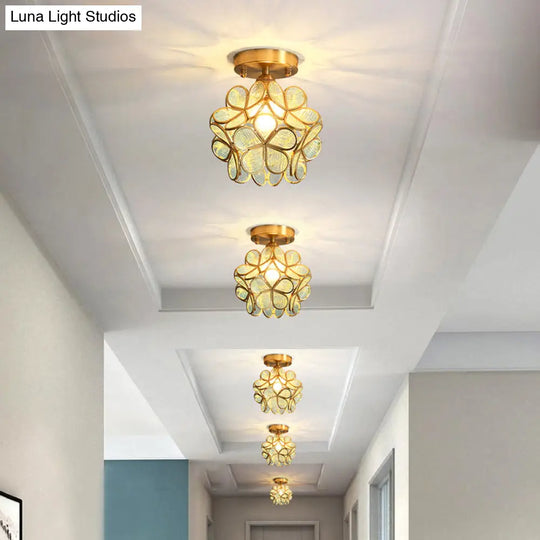 Tiffany Floral Semi Mount 1 - Light Glass Ceiling Flush Light In Brass - Ideal For Hallway Décor