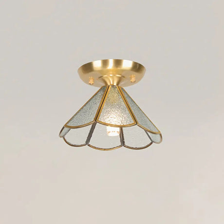 Tiffany Floral Semi Mount 1 - Light Glass Ceiling Flush Light In Brass - Ideal For Hallway Décor