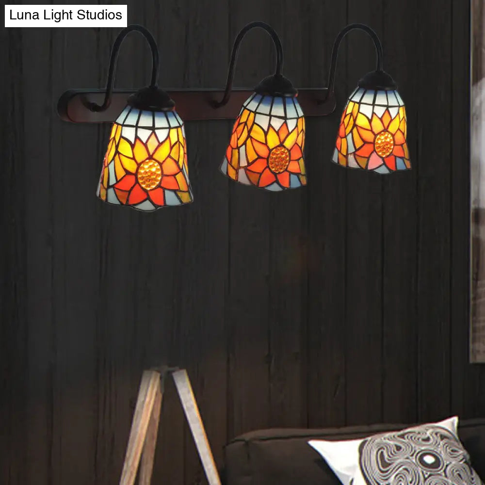 Tiffany Glass Bell Wall Sconce With 3 Sunflower Patterned Heads