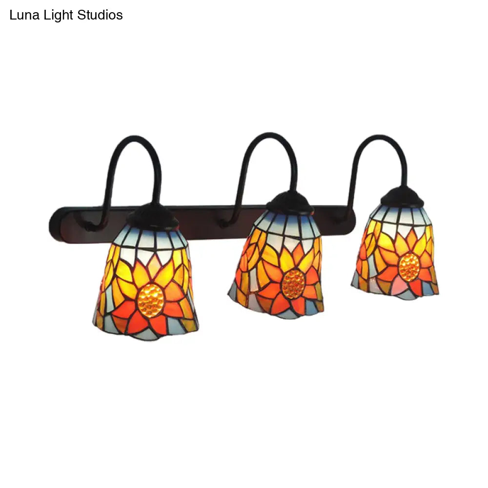 Tiffany Glass Bell Wall Sconce With 3 Sunflower Patterned Heads