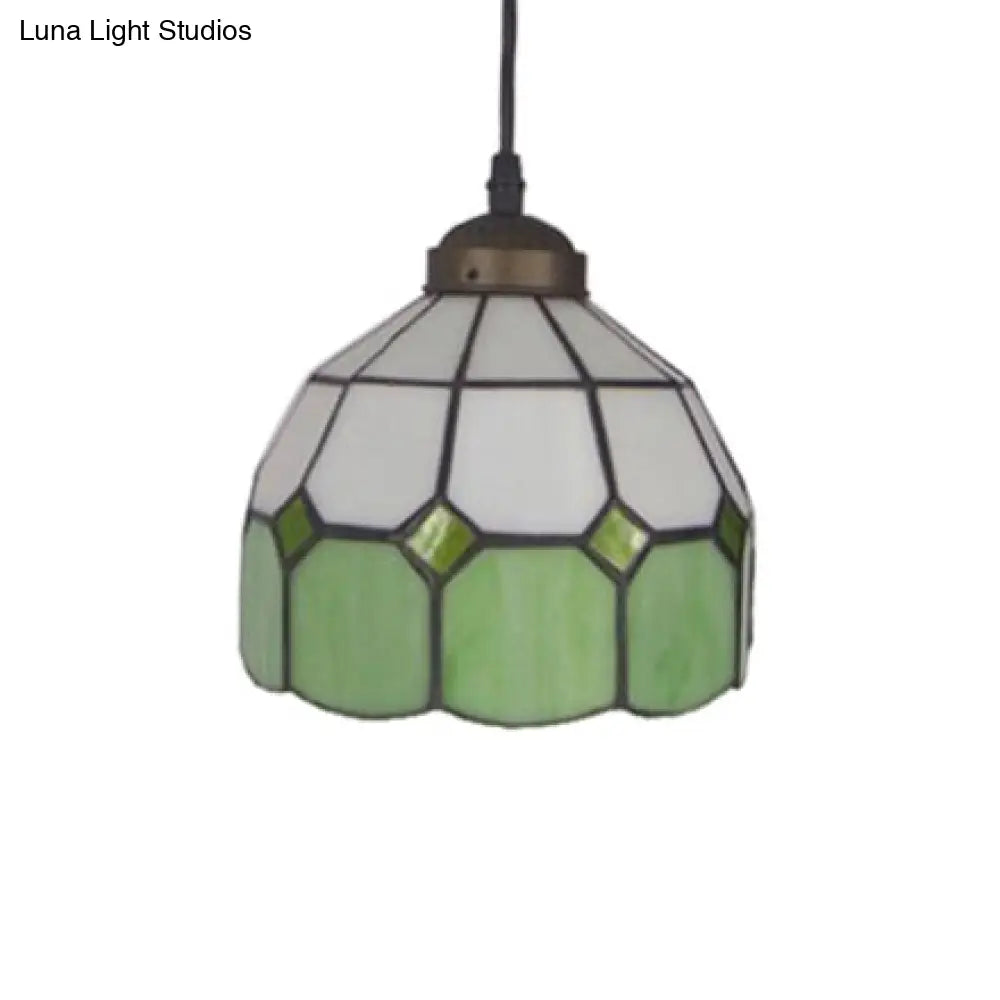 Tiffany Glass Ceiling Pendant Light - Green/Blue Hand Cut 1-Head Suspension Lamp For Restaurants