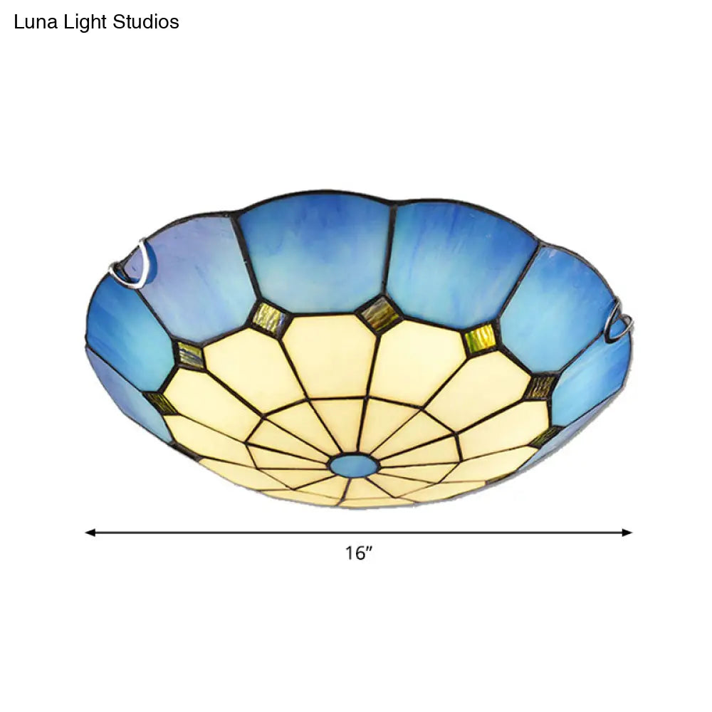 Tiffany Glass Classic Led Flush Ceiling Light Fixture With Grid Pattern Blue / 16’