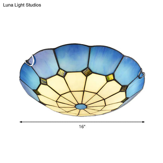 Tiffany Glass Classic Led Flush Ceiling Light Fixture With Grid Pattern Blue / 16’