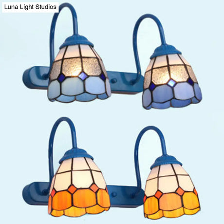 Tiffany Glass Dome Wall Light Fixture - Blue/Yellow 2-Head Vanity Sconce For Bathroom