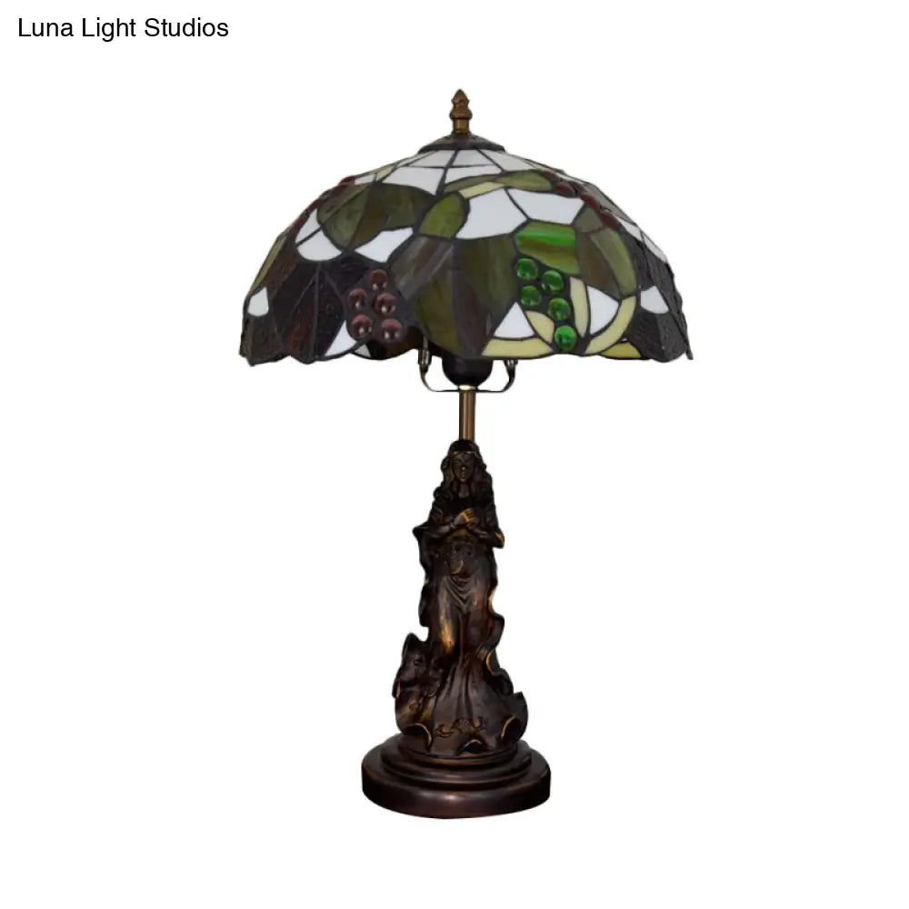 Tiffany Glass Grapes Table Lamp - Baroque Style Brown/Green/White-Brown Night Stand Light With Girl