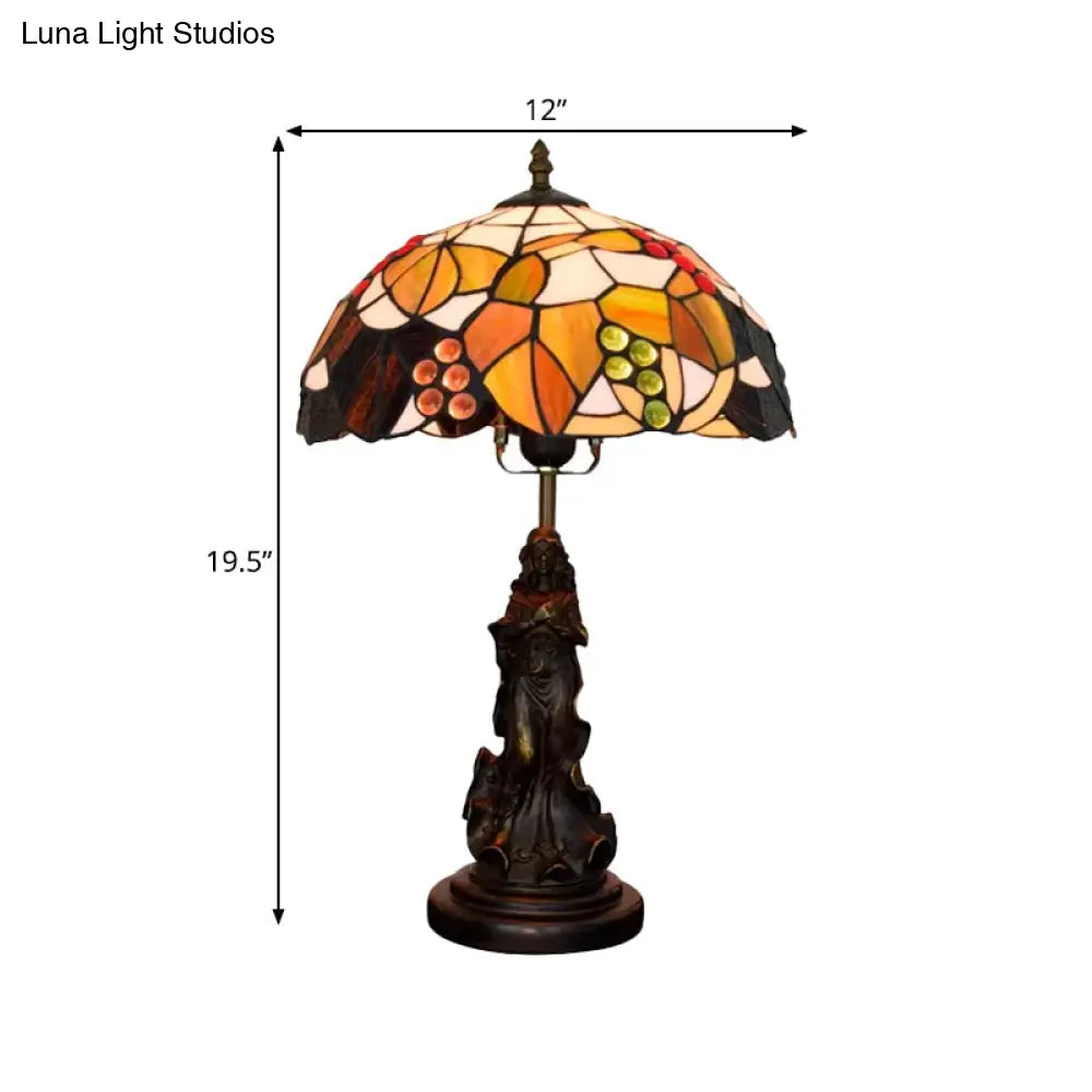 Tiffany Glass Grapes Table Lamp - Baroque Style Brown/Green/White-Brown Night Stand Light With Girl