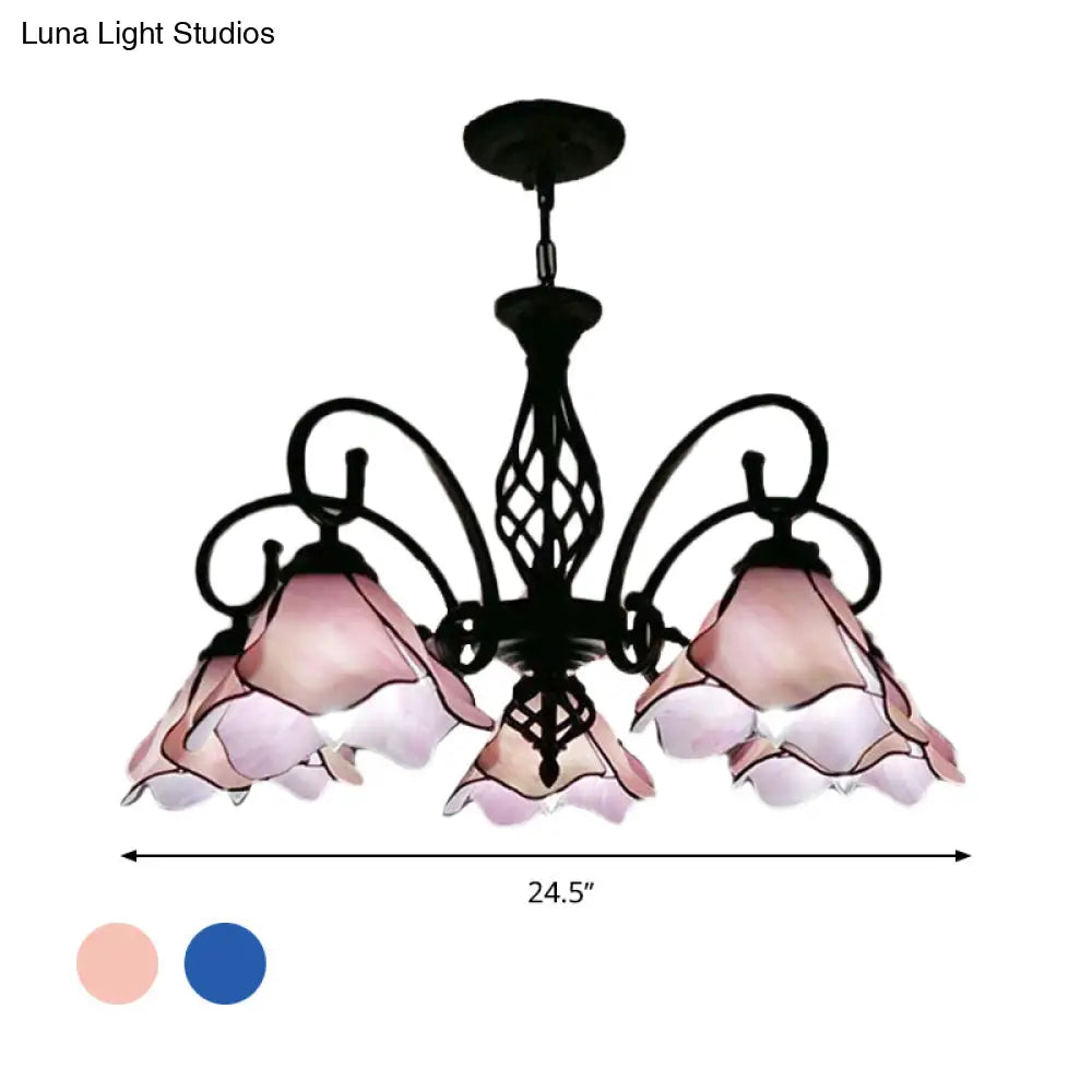 Tiffany Glass Petal Chandelier Light Fixture - 5/8 Lights With Black Ceiling Pendant For Bedroom In