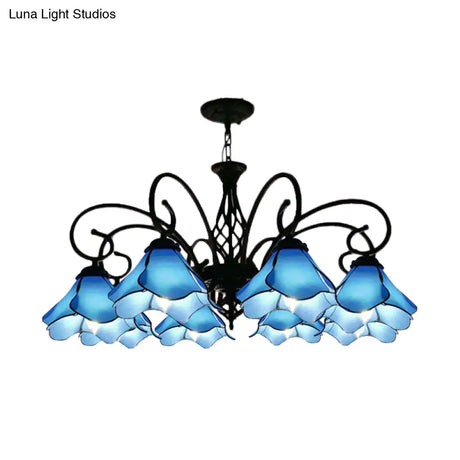 Tiffany Glass Petal Chandelier Light Fixture - 5/8 Lights With Black Ceiling Pendant For Bedroom In