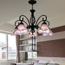 Tiffany Glass Petal Chandelier Light Fixture - 5/8 Lights With Black Ceiling Pendant For Bedroom In