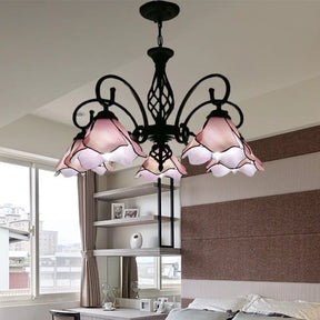 Tiffany Glass Petal Chandelier Light Fixture - 5/8 Lights With Black Ceiling Pendant For Bedroom In