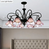 Tiffany Glass Petal Chandelier Light Fixture - 5/8 Lights With Black Ceiling Pendant For Bedroom In