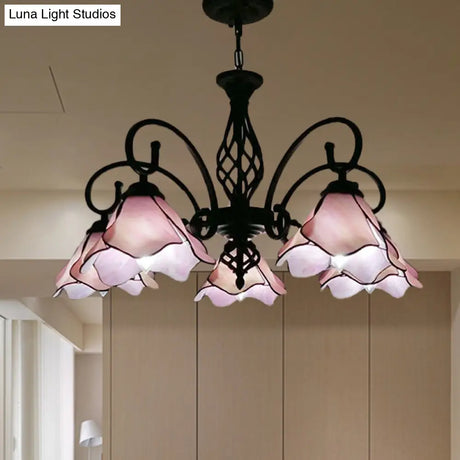 Tiffany Glass Petal Chandelier Light Fixture - 5/8 Lights With Black Ceiling Pendant For Bedroom In