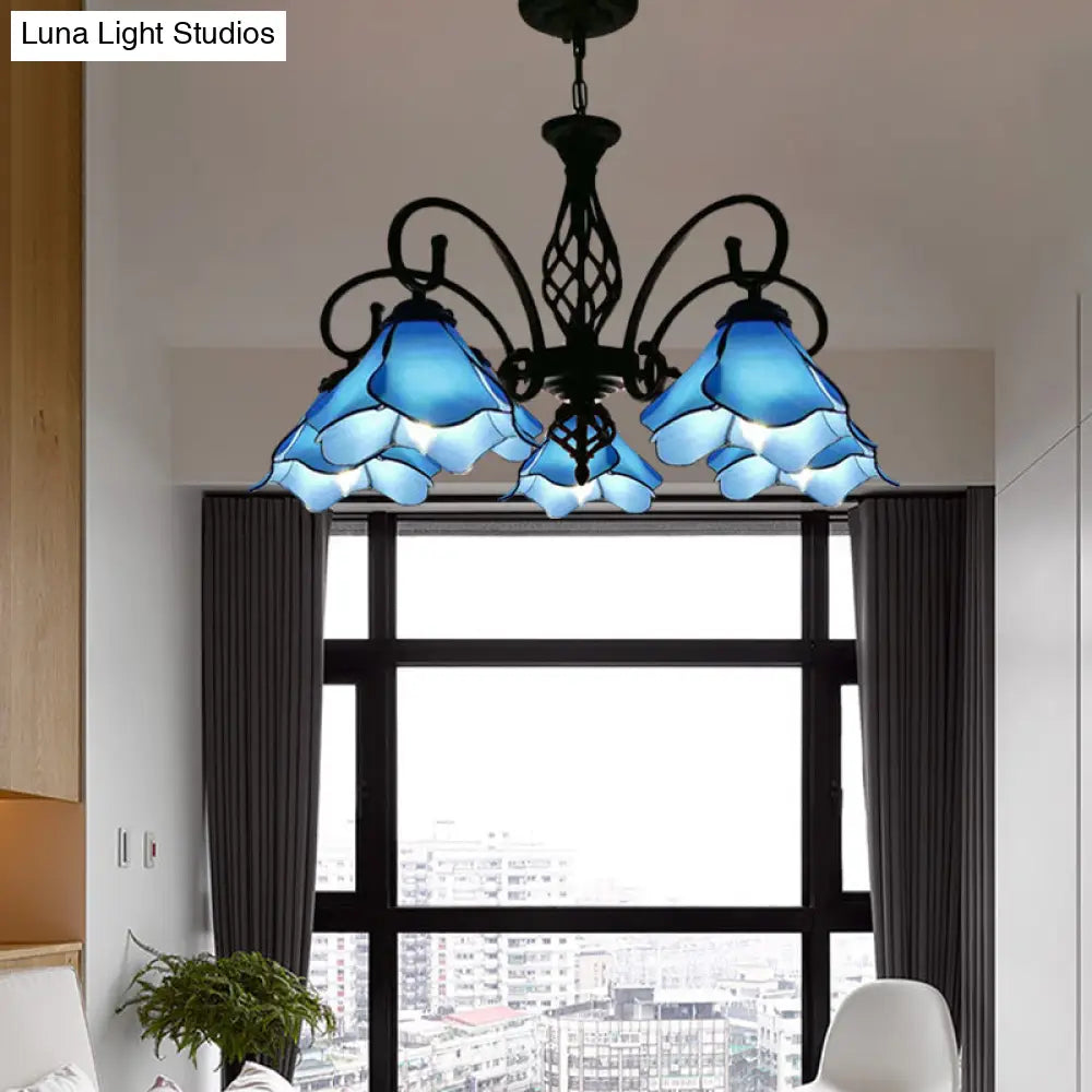 Tiffany Glass Petal Chandelier Light Fixture - 5/8 Lights With Black Ceiling Pendant For Bedroom In