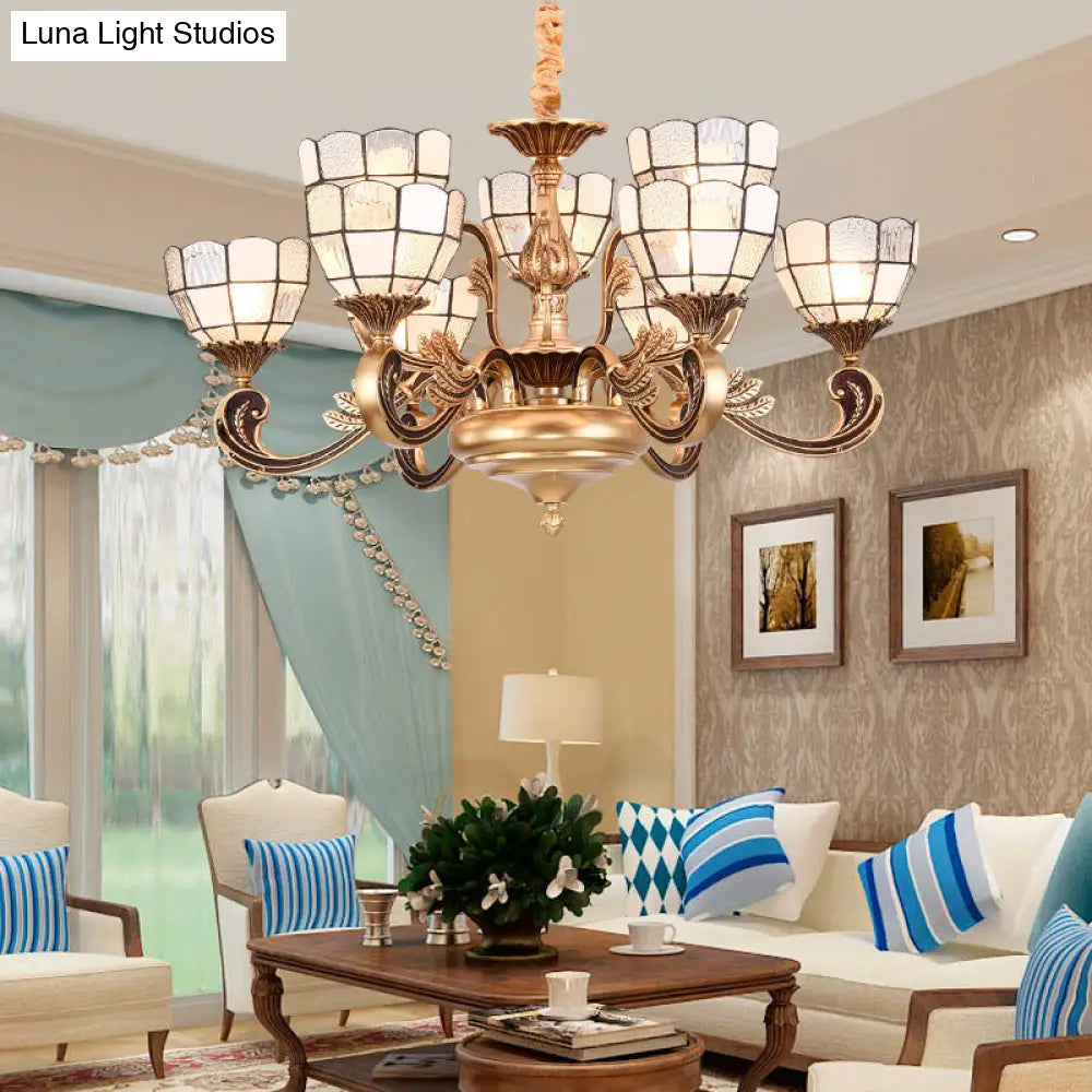 Gold Domed Shade Chandelier - Tiffany 12-Light Fixture With Frosted Glass