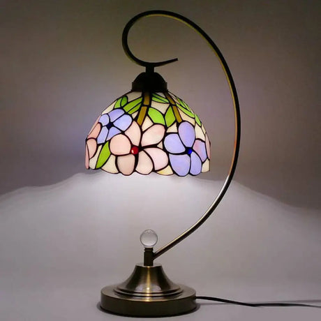 Tiffany Gooseneck Table Lamp - Metal Nightstand Light With Hand-Cut Glass Shade Purple-Pink