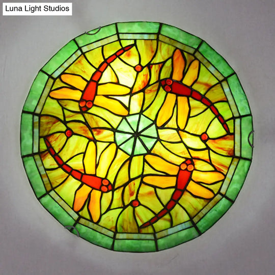 Tiffany Green Handcrafted Art Glass Flushmount Ceiling Light For Bowl Flush-Mount Lamp