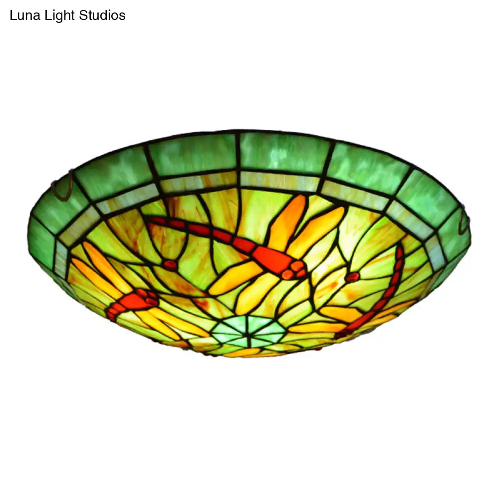 Tiffany Green Handcrafted Art Glass Flushmount Ceiling Light For Bowl Flush-Mount Lamp