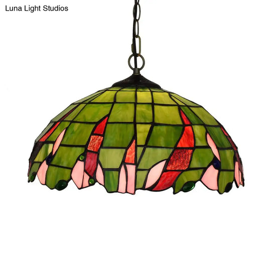 Tiffany Green Stained Glass Ceiling Pendant Light With Stylish Domed Suspension - Perfect For
