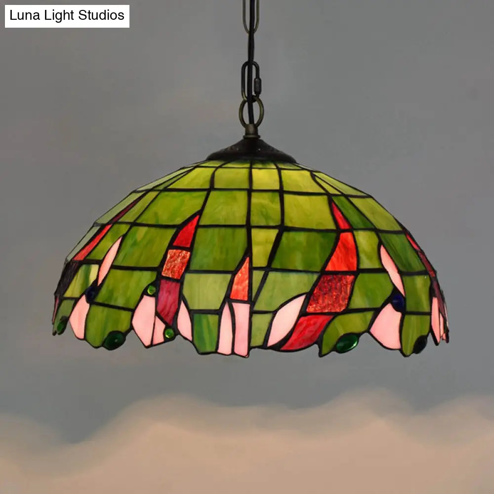 Tiffany Green Stained Glass Ceiling Pendant Light With Stylish Domed Suspension - Perfect For
