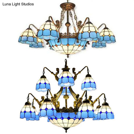 Tiffany Grid Patterned Cut Glass Chandelier In Blue With 9/13 Lights