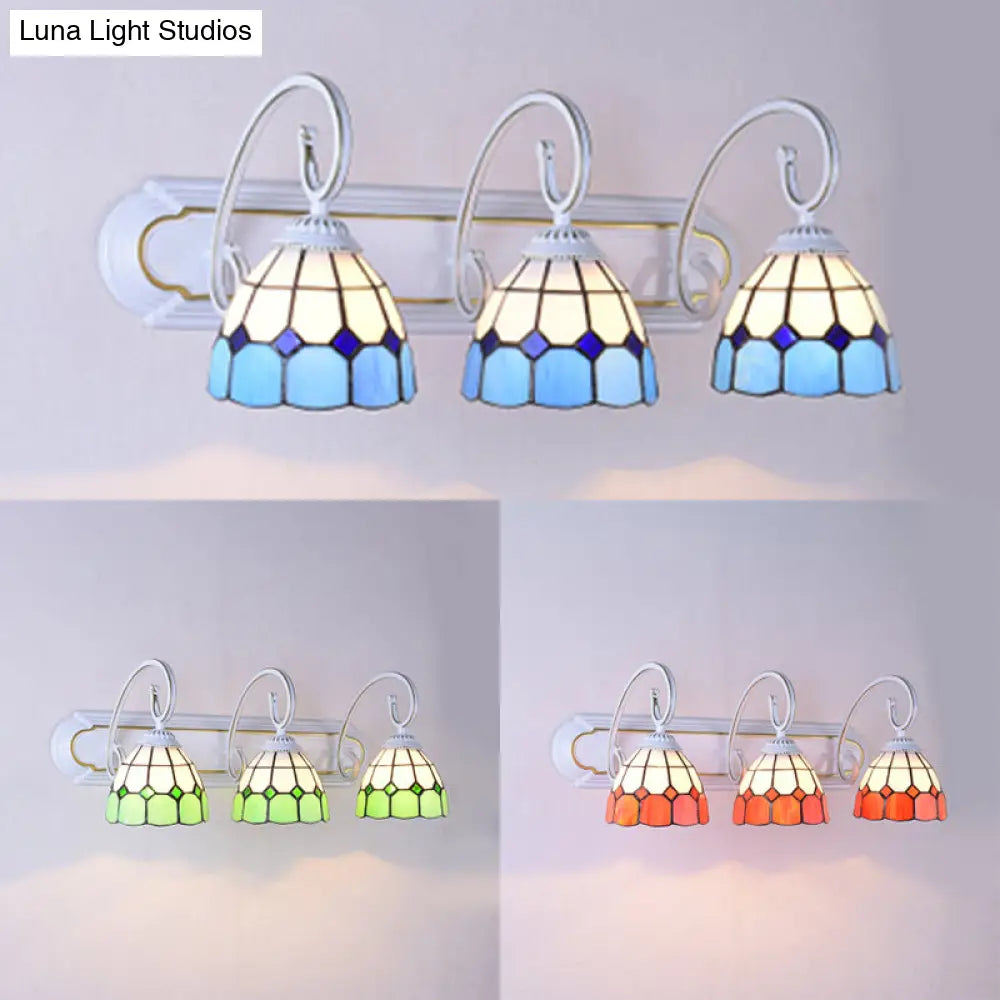 Tiffany Grid Patterned Glass Sconce Light With Curved Arm - 3 Heads Orange/Green/Blue