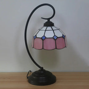 Tiffany Hand Cut Glass Red/Pink Grid Patterned Nightstand Lamp With Domed Shape And Curved Arm