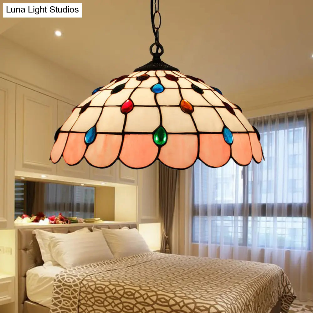 Hand Rolled Art Glass Ceiling Light - Tiffany Pink/Light Blue/Green Pendant For Bedroom Pink