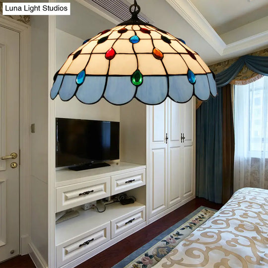 Hand Rolled Art Glass Ceiling Light - Tiffany Pink/Light Blue/Green Pendant For Bedroom Dark Blue