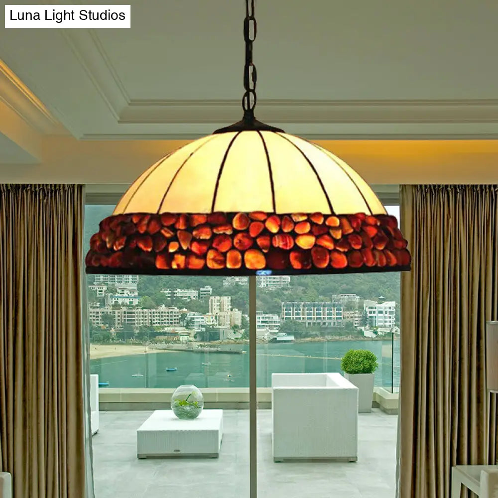 Tiffany Hand Rolled Art Glass Dome Hanging Lamp Kit - Dark Red Suspended Lighting With 3 Lights