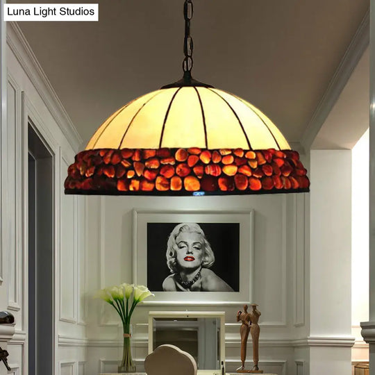 Tiffany Hand Rolled Art Glass Dome Hanging Lamp: Dark Red 3-Light Fixture