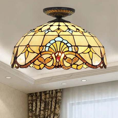 Tiffany Hand Rolled Art Glass Floral Flush Mount Light With Yellow/Blue Shade 12’/16’ W Yellow / 16’