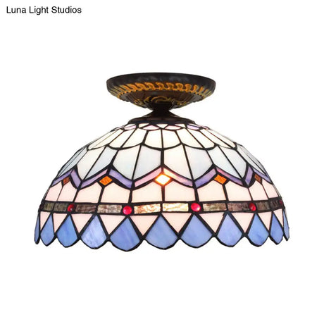 Tiffany Hand Rolled Art Glass Floral Flush Mount Light With Yellow/Blue Shade 12’/16’ W