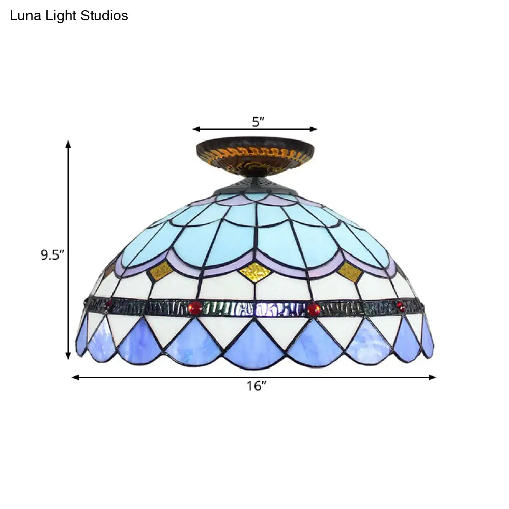 Tiffany Hand Rolled Art Glass Floral Flush Mount Light With Yellow/Blue Shade 12’/16’ W