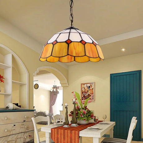 Tiffany Handcrafted Art Glass Ceiling Light: Domed Yellow/Blue 1 Head 12’/16’ Wide Yellow / 12’